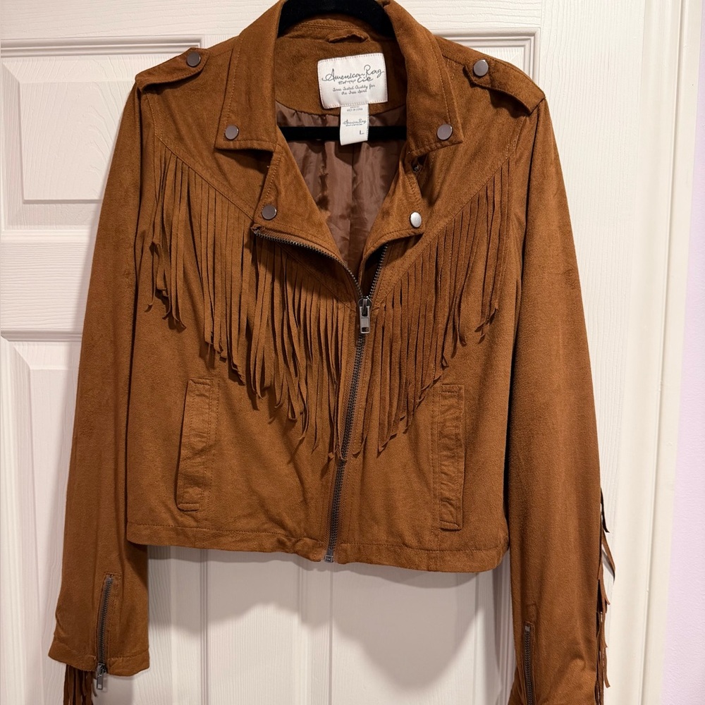 American Rag Women's Boho Western Faux Suede Fringe Moto Jacket tan/brown